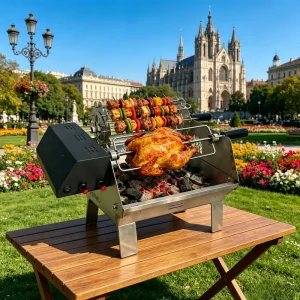 Double-Row Electric Rotating Charcoal Grill 304 Steel Basket & Skewers for Backyard BBQs