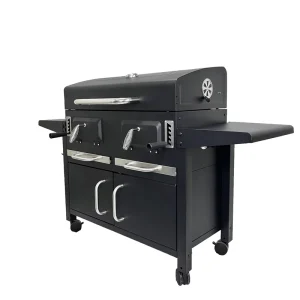 Dual Chamber Outdoor Charcoal BBQ Grill Heavy Duty Barbecue Grill Machine with Storage Cabinet & Side Table for Backyard