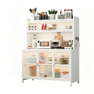 Durable Steel Sideboard Adjustable Shelf Kitchen Cabinet with Sunlight Panel Door Metal Cupboard Home Furniture for Dining Room