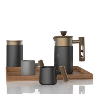 Eco Friendly 1000ml Designer Hourglass Timer Wooden Handle Filter Coffee Colorful Ceramic Insulated French Press Maker