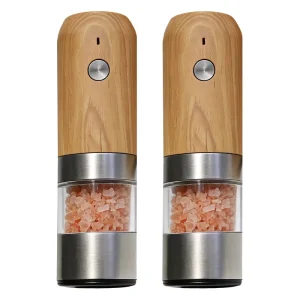 Eco Friendly Button Control Electric Wooden Salt and Pepper Grinder Adjustable Grinding Coarseness Wood Spice Mill With Stand