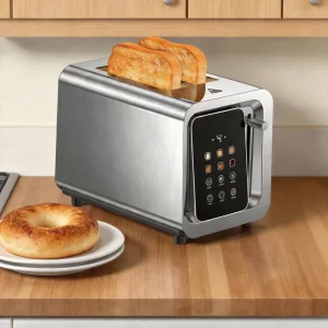 Electric 2 Slice Home Bread Maker Stainless Steel Easy to Clean Crumb Tray Timer Function for Bagel Waffle Gluten