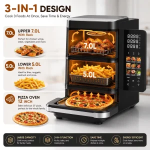 Electric Air Fryer Pizza Baking Functions 7L +5L +12inch Double Basket LCD Display Foldable Touch Screen