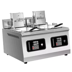 Electric Double Tank Commercial Deep Fryer Auto Lift Baskets Dual 3.5kW Heating 190℃ Max Temp Overheat Protection