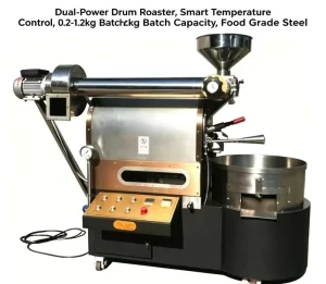 Electric Dual Power Drum Roaster Smart Temperature Control 0.2 1.2kg Batch Capacity Food Grade Steel Household Use