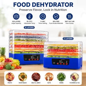 Electric Food Dehydrator Machine Household Use 5-Tray Digital Control Low Noise Temperature Display Fruit & Vegetable Dehydrator