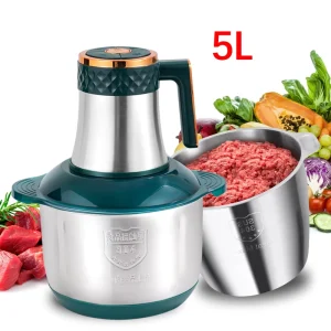 Electric Food Processor 5L Stainless Steel ABS Glass Bowl Meat Grinder Slicer with Grinding Function Silver Color