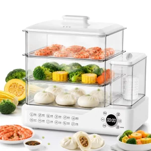 Electric Food Steamer for Healthy Cooking 3 Layer Steam Cooker with Side Fill Water Tank and Preset Timer for Fish Meat