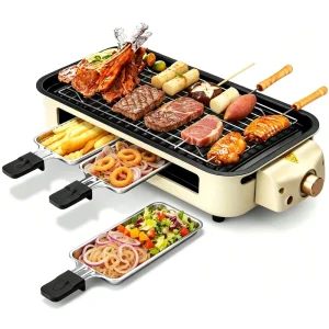Electric Grill Detachable Plate Fold Design Aluminum Bakelite 1200W for Kitchen Indoor Use Smokeless Griddle