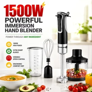 Electric Hand Blender Chopper Whisk Measuring Cup Low Noise Stainless Steel 1500W Various Speed Immersion Blender Set