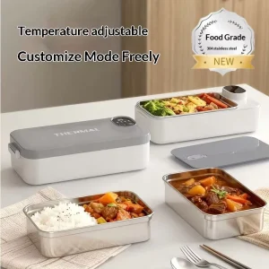 Electric Heating Insulated Stainless Steel Lunch Box Rechargeable USB Portable with Lid 1 Liter Capacity