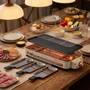 Electric Indoor Grill 1500W Stainless Steel Smokeless Non-stick Removable Grill Griddle Pan Raclette Cheese Temperature