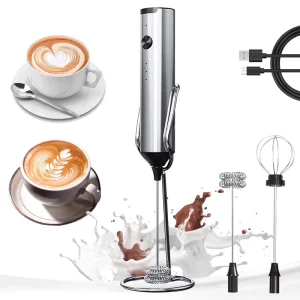 Electric Milk Frother and Egg Mixer 1200mAh Rechargeable 3 Speeds Milk Foam Maker 2 Heads Stainless Steel Egg Mixer with Holder
