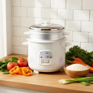 Electric Mini Rice Cooker 1.8L Drum Shape Stainless Steel with Non Stick Inner Pot and Steaming Basket Eco Friendly Portable