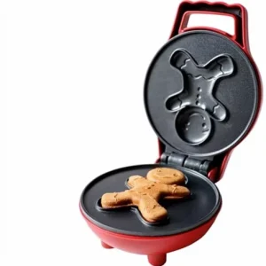 Electric Mini Waffle Maker Gingerbread Man Shape Non Stick Plates Christmas Design Gift Box 1 Year Warranty