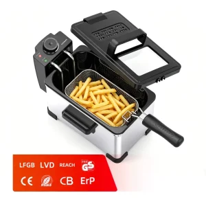 Electric Stainless Steel Non Stick Home French Deep Fryer 2 Liter Capacity 1500 Watt Lid Viewing Window Adjustable Temperature