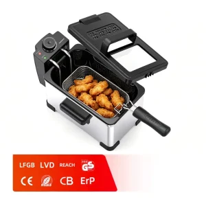 Electric Stainless Steel Non Stick PFA Overheat Protection Deep Fryer 2 Liter Capacity 1500 Watt Lid Viewing Window Adjustable