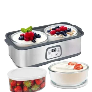 Electric Stainless Steel Yogurt Maker Adjustable Time Temperature Control Eco friendly Two 1 quart Containers Home Use Energy