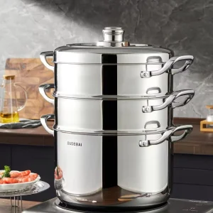 Electric Stove Compatible Stainless Steel and Bamboo Food Steamer Cooking Pot for Kitchen Use