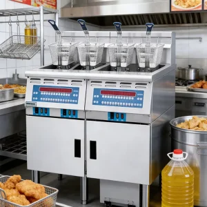 Energy Efficient Electric Floor Standing Deep Fryer Oil Filter Cart Computer Control Frying Chicken French Fries 1 Year Warranty