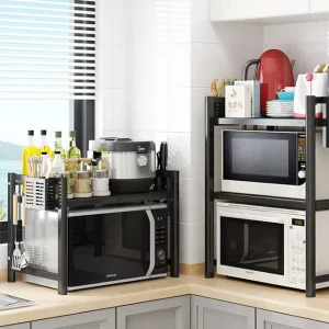 Extendable Microwave Oven Rack Shelf Stand with 2 Tiers Storage Shelving Unit Expandable Length & Height with 3 Hooks