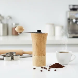 FSC Certified Modern Design Manual Coffee Grinder with 304 Stainless Steel Crank Handle Rubber Wood and Ceramic Grinder