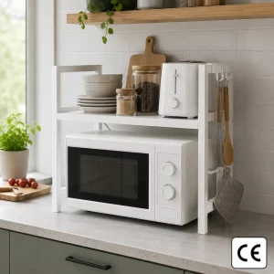 Factory Direct OEM Heavy Duty Metal Microwave Oven Rack Countertop Kitchen Storage Shelf with Hooks for Small Appliances