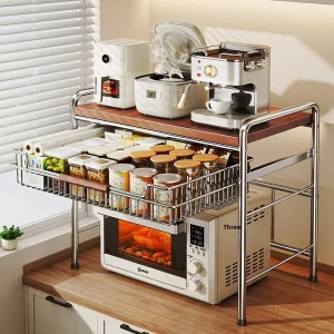 Factory Direct Vintage Solid Wood Kitchen Microwave Stand Height Adjustable Countertop Oven Rack Spice Organizer