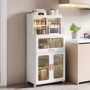 Foldable Plastic Kitchen Storage Cabinet with Multi layer Double door Floor Design for Microwave Oven Large Size