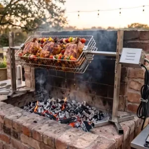 Folding Electric BBQ Grill Rotisserie System with Stainless Steel Spit Rod and Roasting Cage