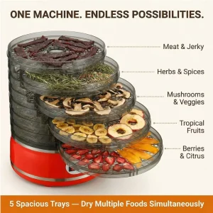 Food Dehydrator for Snacks Fruit Beef Jerky Red and Black 5 Trays