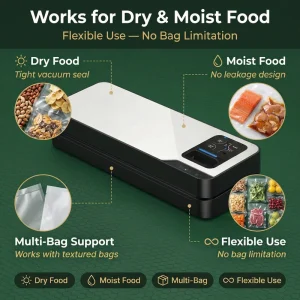 Food Vacuum Sealer 75Kpa Suction 32cm Seal Built in Cutter Dry Wet Food Storage Rechargeable