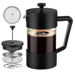 French Press Coffee Pot & Tea Maker with Glass Body Customizable Filter Device for Household Use