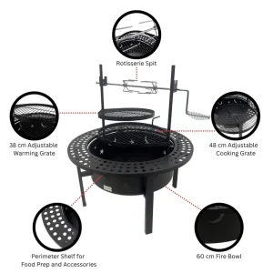 Garden Barbecue Wood Burning Fireplace Spark Protection Fire Pit Swivel Braai Grill with Manual Rotisserie Spit