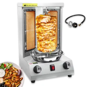 Gas Shawarma Grill Machine with 2 Burners Stainless Steel 16 Pounds Capacity for Restaurant Vertical Rotisserie