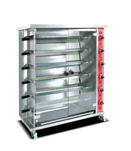 Gas Stainless Steel Chicken Rotisserie 6 Rods Auto Rotating Light Fan Temperature Control Large Capacity for Roast Beef Lamb