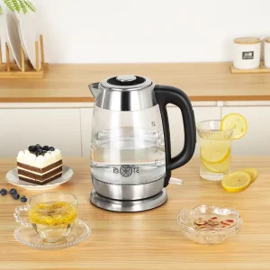 Glass Electric Kettle with Stainless Steel Base LED Indicator Heat-Resistant Handle 1500W Rapid Boil 1.8L