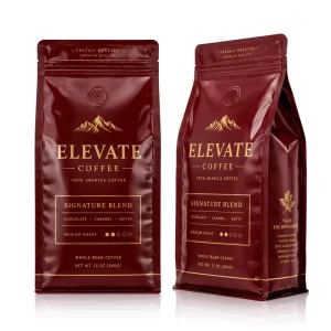 Glossy Burgundy Foil Coffee Bag With Valve Zipper Custom Printed Whole Bean Coffee Packaging Pouch