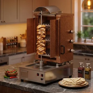 Golden Style Doors Gaz Lava Stone Turkish Gyros Chicken Rotisserie Motor Auto Rotation 23KW Meat Turkey Shawarma Maker