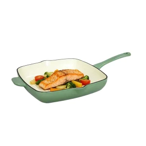 Green Vitreous Enamel Square Cast Iron Grill Pan, Non-stick Skillet with Oil Drip Spout