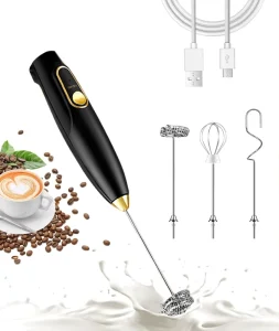 Handheld Electric Whisk 3 Speed Adjustable Coffee Frother Wand Rechargeable Milk Frother With 3 Stainless Whisks
