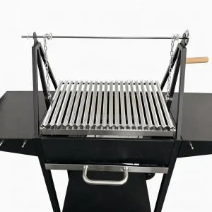 Heavy Duty Barrel BBQ Grill with Manual Rotisserie Spit and Wood Shelf for Picnic