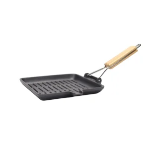 Heavy Duty Cast Iron Ridged Square Skillet with Wooden Handle Induction Compatible Kitchen Cookware OEM