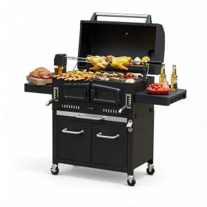 Heavy-Duty Outdoor BBQ Grill Portable Cast Iron Barbecue Smoker Rotisserie Cabinet Powder Coated Metal
