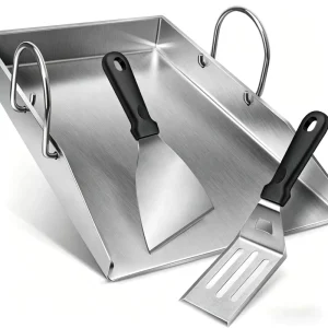 Heavy Duty Polished Silver Stainless Steel BBQ Griddle Pan Sloped Front Design for Grease Runoff Compatible All Standard Grills