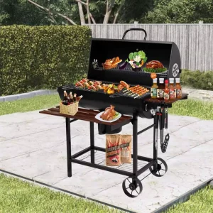 Heavy Duty Steel Modern Charcoal Grill with Motor Rotisserie Kit Remote Control Trolley Outdoor Folding Portable Barbecue