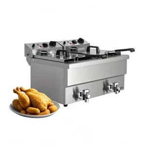 Heavybao High Capacity Stainless Steel Double Oil Tank Industrial Electric Fryer Machine 3200W Power for Commercial Kitchen Use