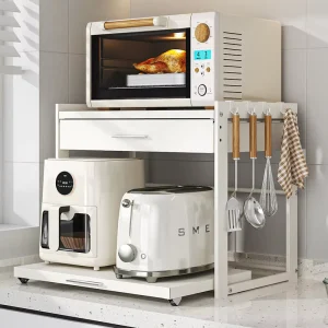 Height Adjustable Double tier Pull Out Metal Rust Resistant Drawer Microwave Oven Storage Rack Hooks Utensil Box Kitchen
