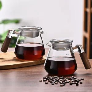 High Borosilicate Glass Coffee Server Pot with Wooden Handle Eco Friendly Heat Resistant Coffee Kettle Lid