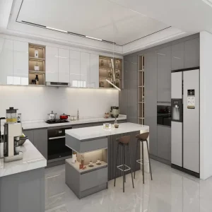 High Gloss Grey Kitchen Cabinetry Built-in Appliance Island Counter Open Shelf for High-end Residential Condo Project